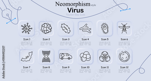 Virus set icon. Virus particles, cell cluster, bacteria form, branch microbe, microorganism, mosquito carrier, dna strand, ambulance, biohazard sign, infection symbols line icons