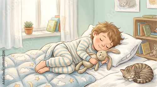 A Child Sleeping Comfortably with Bunny Plush Toy