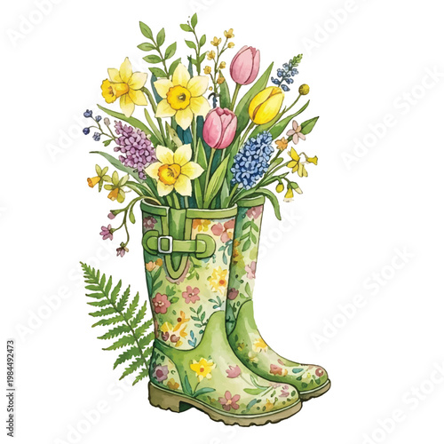 Red rubber rain boots with flowers isolated on white background for gardening and spring fashion