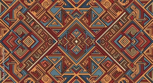 tribal geometric tile pattern with warm blues browns and oranges