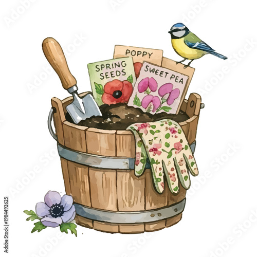 A vintage wooden sauna bucket filled with water isolated on a white background