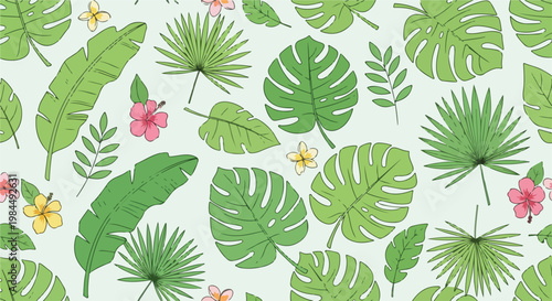 tropical leaf pattern with monstera and palm fronds and hibiscus flowers
