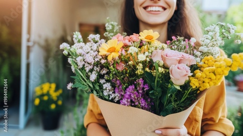 Woman holding a vibrant bouquet of flowers
