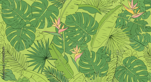 tropical leaf pattern seamless background with lush green foliage