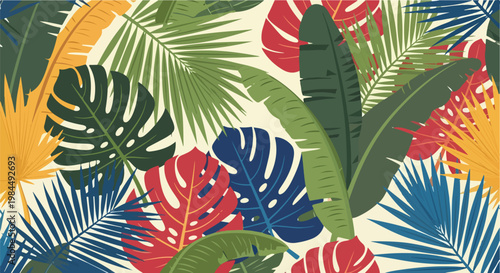 Colorful tropical leaf pattern with palm fronds and monstera foliage