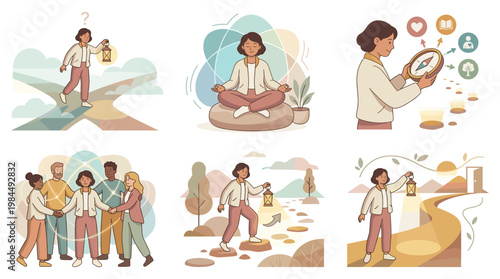 Mental health support illustrations aid stress coping and wellness through therapy sessions