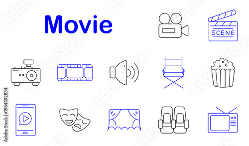 Movie cinema set icon. Line style icons display camera device, clapper board, projector, film strip, speaker sound, director chair, popcorn bucket, mobile player, theater masks, stage curtain