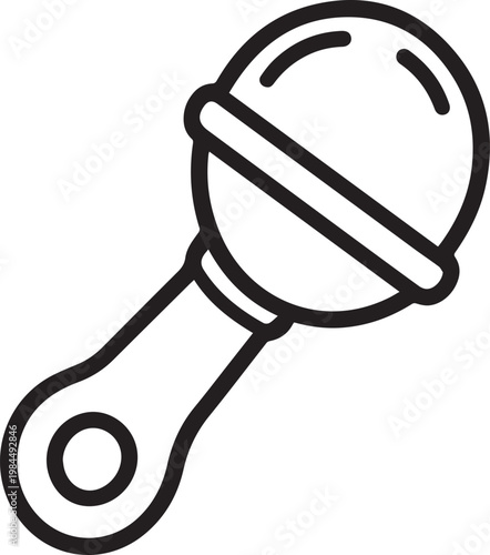 A simplistic line drawing showcases a baby rattle, its spherical head and handle designed for infant play and entertainment, representing a universal symbol of early childhood.