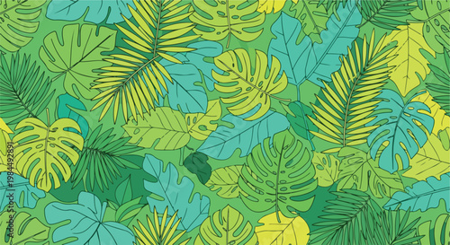 tropical leaf pattern with monstera and palm leaves on teal green background