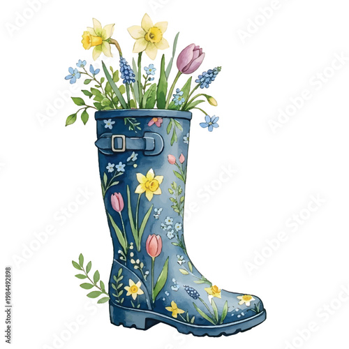 Red rubber rain boots with flowers isolated on white background for gardening and spring fashion