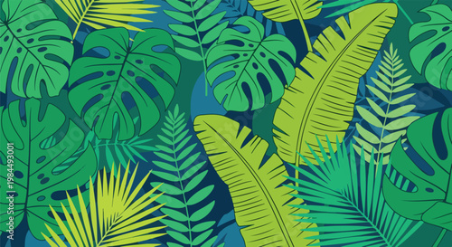 lush tropical jungle foliage pattern with vibrant green leaves