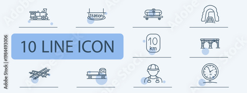 Railway set icon. Train, station sign, luggage cart, tunnel, distance marker, bridge, rail tracks, wagon, worker, clock. Transport infrastructure, travel route, platform service visuals.