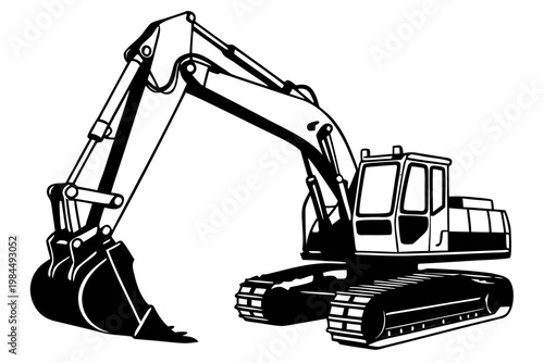 Black Excavator Silhouette Vector Icon – Heavy Construction Machinery Isolated
