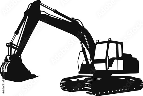 Black Excavator Silhouette Vector Icon – Heavy Construction Machinery Isolated