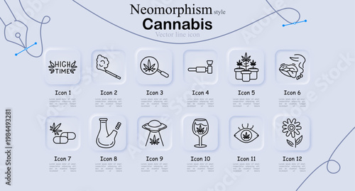 Cannabis set icon. Text badge, smoking joint, magnifier leaf, pipe device, plant pot, lips smoke, pills, bong, flying saucer leaf, drink glass, eye symbol, flower plant line icons