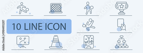 Football soccer set icon. Player goal kick trophy card tactic cone field strategy team match sport training game equipment.