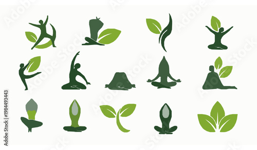 Creative wellness logo set human figure with leaf eco lifestyle fitness yoga vector collection