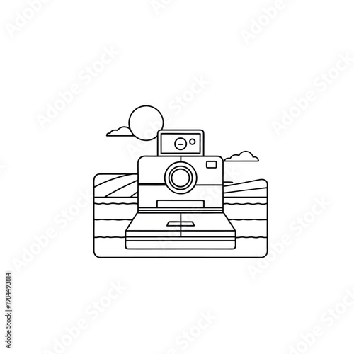 A minimalist line art illustration of a polaroid camera in a scenic landscape