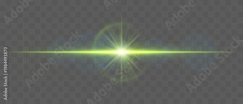 Abstract glowing energy burst with radiant light waves and horizontal beam, lens flare effect with soft diffusion and subtle particles on transparent background