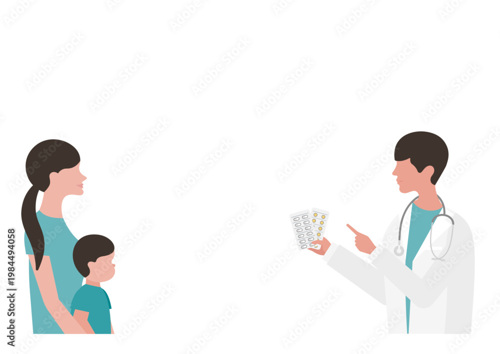 Fototapeta premium 母親と男の子に薬の説明をする医師のベクターイラスト素材