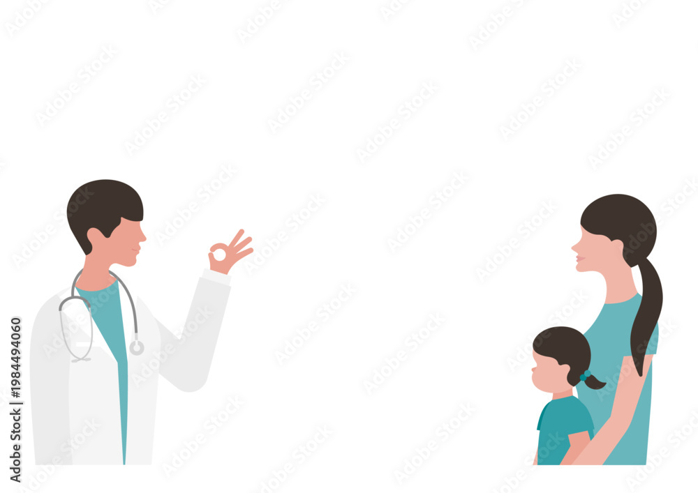 Fototapeta premium 母親と女の子にOKサインをする医師のベクターイラスト素材