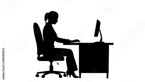 Businesswoman Working at Desk with Computer Silhouette Vector Icon