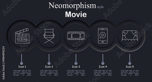 Movie set icon. Neomorphic dark interface circles with line symbols of film clapperboard scene, director chair, filmstrip reel frame, smartphone video play, cinema stage curtains