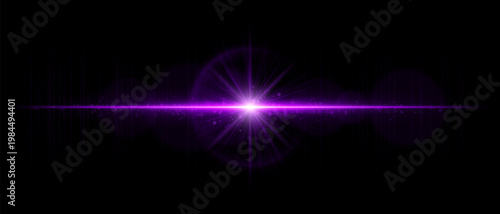 Abstract glowing energy burst with radiant light waves and horizontal beam, dynamic lens flare effect with sparkling particles and subtle motion on dark background