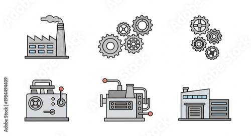 Industrial factory and machinery icons set.