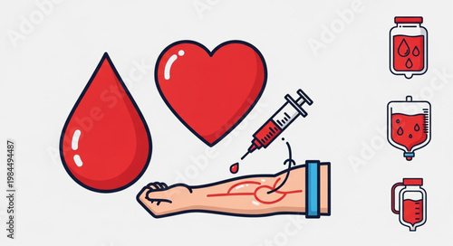 Blood donation concept with heart and syringe illustration.