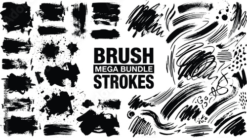 Black brush strokes mega bundle for graphic design and digital art projects isolated on white background