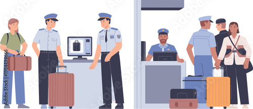 Airport security check illustration with passengers and officers scanning luggage at customs checkpoint and passport control station in flat style