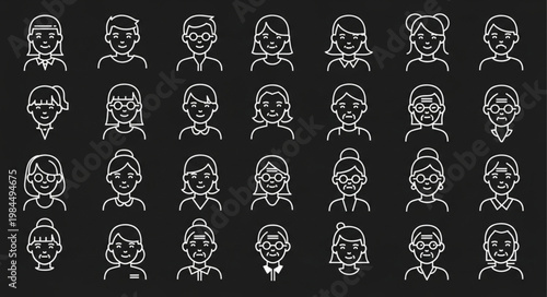 Diverse Group of People Avatars in White Outline Style.
