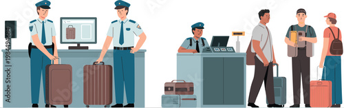 Airport security check illustration with passengers and officers scanning luggage at customs checkpoint and passport control station in flat style