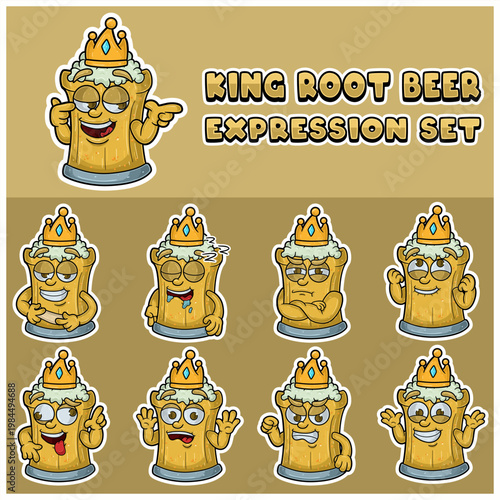 Cartoon Mascot Of  Root Beer Character with king and expression set.