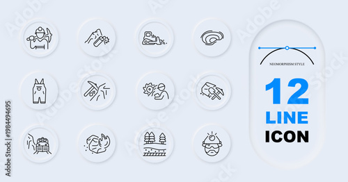 Mining industry set icon. Line symbols with miner pickaxe explosion bulldozer tunnel overalls tools rock train fire geology helmet inside circular neumorphism buttons layout