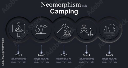 Camping set icon. Neomorphic dark interface circles with line symbols of camping sign tent, forest trees sun, campfire marshmallow stick, pine tree campsite, outdoor tent landscape