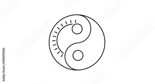 The illustration depicts a black line drawing of a yin yang symbol on a white background with sun rays.