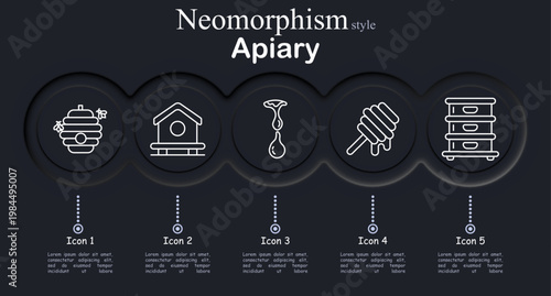 Apiary set icon. Neomorphic dark interface circles with line symbols of beehive bees, wooden hive house, honey dripping drop, honey dipper stick, beekeeping hive boxes