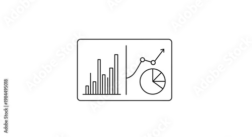 The graphic illustration displays a business chart with a bar graph and a pie chart showing statistics.