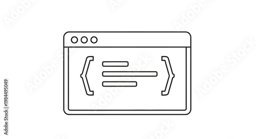 A graphic illustration of a browser window displaying code on a screen with angle brackets and lines, showcasing a programming concept on a digital interface in a simple style.