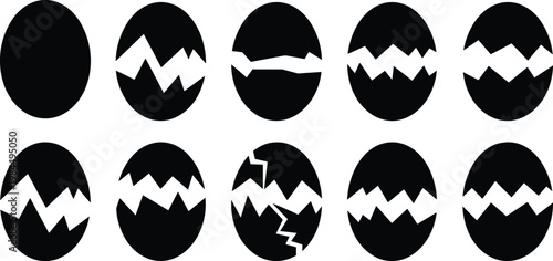 Black egg silhouette collection featuring various cracked and broken eggshell shapes for hatching concepts and minimalist graphic design vector