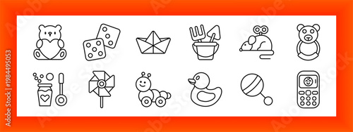Baby toys set icon. Teddy bear, dice cubes, paper boat, sand bucket, pull toy, plush bear, bubble jar, pinwheel toy, caterpillar toy, rubber duck, rattle toy, baby phone.