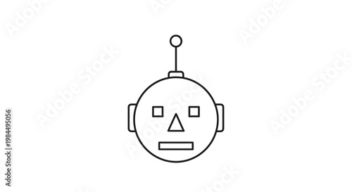 A futuristic robotic head with geometric facial features and antenna is illustrated in a minimalist line drawing style on a white background.