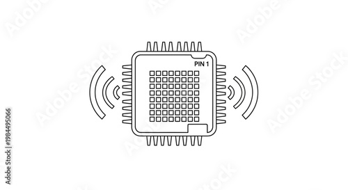 The illustration depicts a microchip with signal waves emanating from it on a white background.