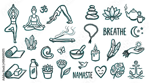 Collection of yoga and meditation symbols and elements for wellness and mindfulness practices including poses, incense, crystals, and nature motifs