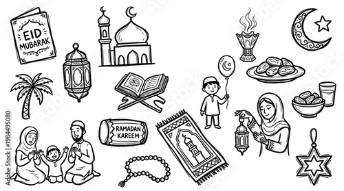 Ramadan Kareem Eid Mubarak doodle icons set for Islamic holiday celebration and religious observance with mosque lantern dates prayer mat and crescent moon