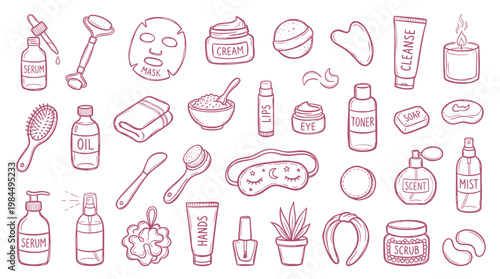 Hand drawn illustration of skincare and beauty products for self care routine and wellness concept