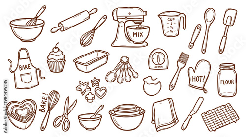 Hand drawn baking ingredients and kitchen utensils collection for cooking and pastry making isolated on white background