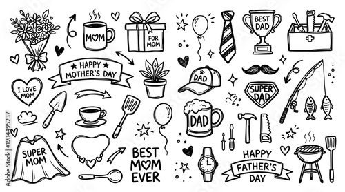 Happy Fathers Day and Mothers Day Hand Drawn Doodle Elements Collection for Greeting Cards and Celebrations